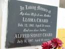 Lloma CHARD, wife mother, died 12 Feb 1965 aged 58 years; Alfred Sidney CHARD, father, died 14 July 1997 aged 89 years; Noel Sidney CHARD, husband father, died 12 Aug 1974 aged 46 years; Beryl Lloma THOMPSON, sister mother, died 18 May 1969 aged 38 years; Appletree Creek cemetery, Isis Shire 