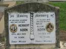 Herbert KORN, husband father, died 12 July 1983 aged 70 years; Maud Ellen KORN, wife mother, died 1 Oct 1987 aged 72 years; Appletree Creek cemetery, Isis Shire 