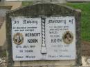 
Herbert KORN,
husband father,
died 12 July 1983 aged 70 years;
Maud Ellen KORN,
wife mother,
died 1 Oct 1987 aged 72 years;
Appletree Creek cemetery, Isis Shire
