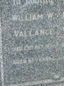 William W. VALLANCE, died 23 Oct 1935 aged 61 years; Florence I. VALLANCE, died 18 July 1969 aged 91? years; Appletree Creek cemetery, Isis Shire 