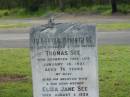 Thomas SEE, husband father, died 18 Jan 1931 aged 76 years; Eliza Jane SEE, wife mother, died 1 Aug 1939 aged 76 years; Charles, son; William, son; Appletree Creek cemetery, Isis Shire 