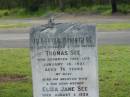 
Thomas SEE,
husband father,
died 18 Jan 1931 aged 76 years;
Eliza Jane SEE,
wife mother,
died 1 Aug 1939 aged 76 years;
Charles,
son;
William,
son;
Appletree Creek cemetery, Isis Shire
