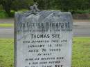 
Thomas SEE,
husband father,
died 18 Jan 1931 aged 76 years;
Eliza Jane SEE,
wife mother,
died 1 Aug 1939 aged 76 years;
Charles,
son;
William,
son;
Appletree Creek cemetery, Isis Shire
