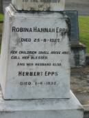 Robina Hannah EPPS, died 25-8-1927; Herbert EPPS, husband, died 1-4-1932; Appletree Creek cemetery, Isis Shire 