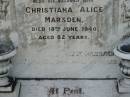 
William PARRACK,
died 21 Nov 1925 aged 71 years;
Christiana Alice MARSDEN,
wife,
died 18 June 1940 aged 82 years;
Martha Ann Alice PARRACK,
died 18 Aug 1966 aged 79 years;
Appletree Creek cemetery, Isis Shire
