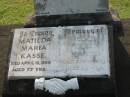 Lena Christina KASSE, died 19 Dec 1920 aged 73 years; Nes Peder KASSE, died 29 June 1928 aged 85 years; Mathilda Maria KASSE, died 18 April 1959 aged 77 years; Peder Iversen KASSE, died 20 June 1971 aged 88 years; Appletree Creek cemetery, Isis Shire 