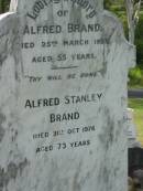 Alfred BRAND, died 25 March 1923 aged 55 years; Alfred Stanley BRAND, died 31 Oct 1976 aged 73 years; Appletree Creek cemetery, Isis Shire 