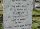 George TREVOR, died 26 July 1910 aged 53 years; Elizabeth, wife, died 20 July 1933 aged 75 years; Elizabeth Lucy TREVOR, died 27 Jan 1957 aged 67 years; Appletree Creek cemetery, Isis Shire 