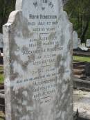 
Hugh HENDERSON,
died 9 July 1907 aged 65 years;
Alexander,
husband of Alexandrina HENDERSON,
died 13 Jan 1908 aged 60 years;
Alexanderina,
wife mother,
died 7 Feb 1935 aged 71 years;
Appletree Creek cemetery, Isis Shire
