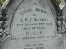 
J.H.E. BERTHEAU,
died 28 Dec 1903 aged 52 years;
Mary Anne,
wife,
died 22 July 1919 aged 62 years;
George Manus,
brother,
died 21 June 1923 aged 36 years;
Adeline Muriel BERTHEAU,
sister,
died 19 Aug 1940 aged 39 years;
Edmund James,
brother,
died 13 Sept 1948 aged 66 years;
Walter Henry Edma,
brother,
died 5 Dec 1948 aged 68 years;
Charles Zacharie BERTHEAU,
died 23 Jan 1957 aged 75 years;
Appletree Creek cemetery, Isis Shire
