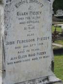 
Ellen PIZZEY,
died 15 Feb 1910 aged 65 years;
John Ferguson PIZZEY,
died 27 Aug 1914 aged 74 years;
Ellen Maud PIZZEY,
died 7 March 1955 aged 77 years;
Appletree Creek cemetery, Isis Shire
