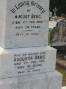 August BERG, died 5 Feb 1919 aged 74 years; Augusta BERG, wife, died 8 Feb 1937 aged 92 years; Appletree Creek cemetery, Isis Shire 