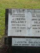 Joseph DELANEY, husband father, died 12 Feb 1941 aged 77 years; Anne Gertrude DELANEY, wife mother, died 25 Oct 1954 aged 74 years; Judith DELANEY, died in infancy 5 Feb 1950; Appletree Creek cemetery, Isis Shire 
