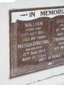 William KINGSTON, died 13 Oct 1950 aged 69 years; Matilda Christina KINGSTON, died 21 Aug 1965 aged 83 years; Joseph Allan KINGSTON, died 13 March 1950 aged 31 years; Fraces Eleanor KINGSTON, died 19 March 1982; Appletree Creek cemetery, Isis Shire 