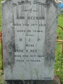 Ann KEENAN, died 14 Feb 1913 aged 56 years; Joseph KEENAN, died 16 Feb 1924 aged 71 years; Appletree Creek cemetery, Isis Shire 
