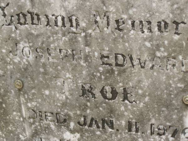 Joseph Edward TROE,  | died 11 Jan 1976 in 75th year;  | Appletree Creek cemetery, Isis Shire  | 