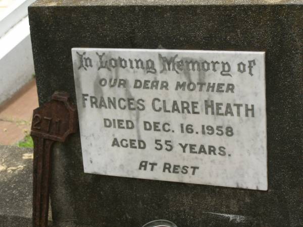 Frances Clare HEATH,  | mother,  | died 16 Dec 1958 aged 55 years;  | Appletree Creek cemetery, Isis Shire  | 