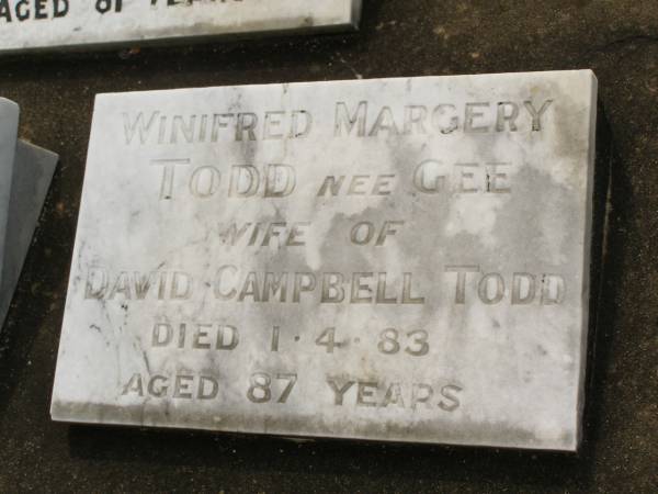 Minnette GEE,  | died 7 July 1948 aged 82 years,  | relict;  | William Jacob GEE,  | died Sydney 17 July 1926 aged 58 years;  | Norman Dudley GEE,  | died 11 April 1973;  | David Campbell TODD,  | died 9-7-1988 aged 91 years;  | Winifred Margery TODD nee GEE,  | wife of David Campbell TODD,  | died 1-4-83 aged 87 years;  | Appletree Creek cemetery, Isis Shire  | 
