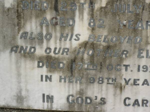 William Wallace GARLAND,  | died 29 July 1958 aged 82 years;  | Elsabe,  | wife mother,  | died 17 Oct 1974 in 98th year;  | Appletree Creek cemetery, Isis Shire  | 