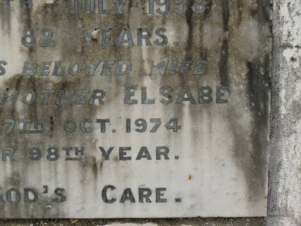 William Wallace GARLAND,  | died 29 July 1958 aged 82 years;  | Elsabe,  | wife mother,  | died 17 Oct 1974 in 98th year;  | Appletree Creek cemetery, Isis Shire  | 