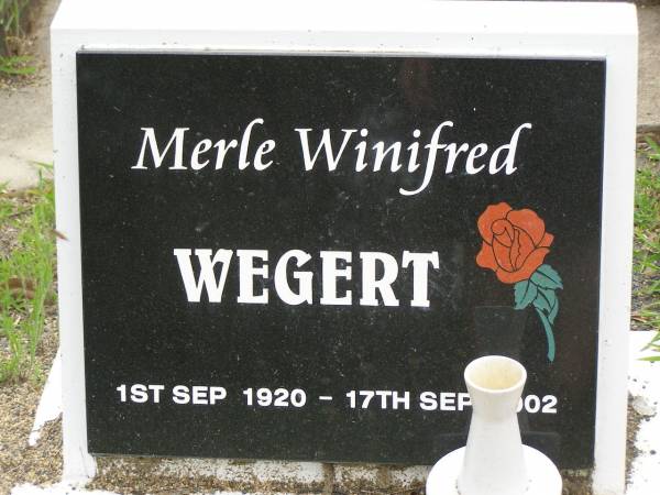 Merle Winifred WEGERT,  | 1 Sept 1920 - 17 Sept 2002;  | Appletree Creek cemetery, Isis Shire  | 