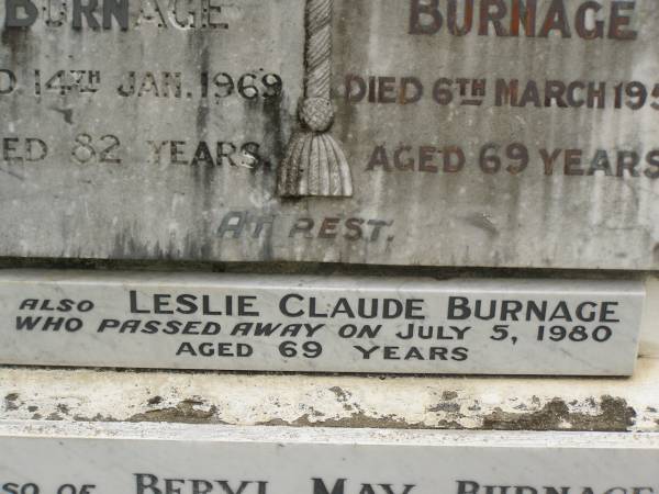 Ernest Charles BURNAGE,  | father,  | died 14 Jan 1969 aged 82 years;  | Beatrice Annie BURNAGE,  | wife mother,  | died 6 March 1955 aged 69 years;  | Leslie Claude BURNAGE,  | died 5 July 1980 aged 69 years;  | Beryl May BURNAGE,  | died 12 Feb 1968 aged 56 years;  | Appletree Creek cemetery, Isis Shire  | 