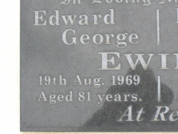 Edward George EWING,  | died 19 Aug 1969 aged 81 years;  | Phoebe Anne EWING,  | died 7 Jan 1955 aged 63 years;  | Appletree Creek cemetery, Isis Shire  | 