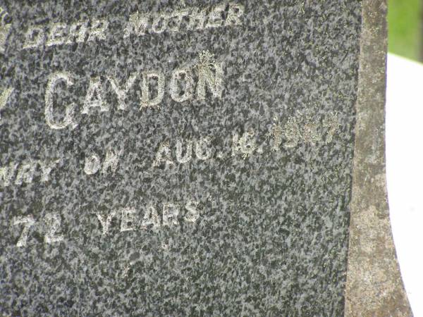 Thomas GAYDON,  | husband father,  | died 14 Feb 1935 aged 65 years;  | Mary GAYDON,  | mother,  | died 16 Aug 1947 aged 72 years;  | Appletree Creek cemetery, Isis Shire  | 