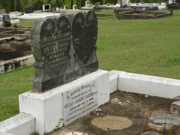 Albert NATZKE,  | husband father,  | died 9 Dec 1941 aged 54 years;  | William Albert (Bill) NATZKE,  | son,  | died 15 Nov 1946 aged 27 years 4 months,  | missed by mother E. NATZKE;  | Appletree Creek cemetery, Isis Shire  | 