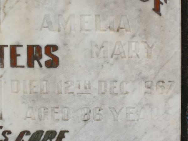 Henry MASTERS,  | died 15 Oct 1949 aged 80 years;  | Amelia Mary MASTERS,  | died 12 Dec 1967 aged 96 years;  | Appletree Creek cemetery, Isis Shire  | 