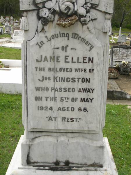 Jane Ellen,  | wife of Jos. KINGSTON,  | died 5 May 1924 aged 65 years;  | Joseph KINGSTON,  | died 1946 aged 92 years;  | Appletree Creek cemetery, Isis Shire  | 