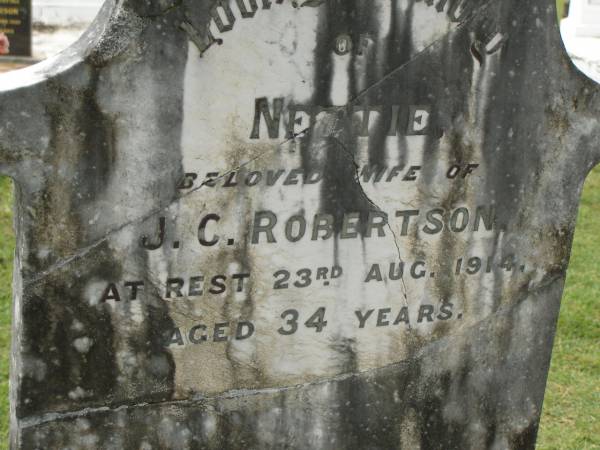 Nettie,  | wife of J.C. ROBERTSON,  | died 23 Aug 1914 aged 34 years;  | Appletree Creek cemetery, Isis Shire  | 