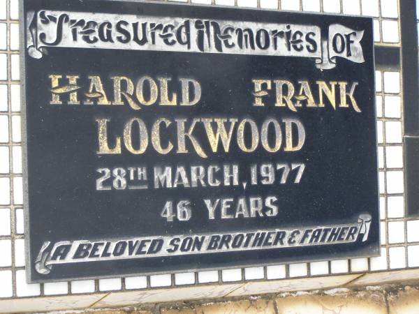 Harold Frank LOCKWOOD,  | died 28 March 1977 aged 46 years,  | son brother father;  | Appletree Creek cemetery, Isis Shire  | 