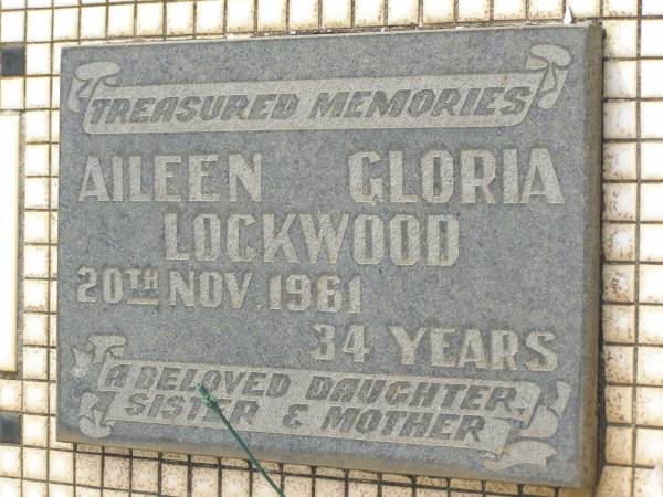 Aileen Gloria LOCKWOOD,  | died 20 Nov 1961 aged 34 years,  | daughter sister mother;  | Appletree Creek cemetery, Isis Shire  | 