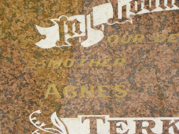 Agnes TERKELSEN,  | mother,  | died 8 Nov 1989 aged 95 years;  | Neil TERKELSEN,  | father,  | died 27 Feb 1969 aged 77 years;  | Joan Marcia TERKELSEN,  | 19-7-1929 - 8-6-2001,  | wife of Warren,  | mother of Kay, Kerry, Ross, Gail & Corrine;  | Warren Neville TERKELSEN,  | 22-9-1924 - 6-4-2003m  | husband of Joan,  | father of Kay, Kerry, Ross, Gail & Corrine;  | Appletree Creek cemetery, Isis Shire  | 