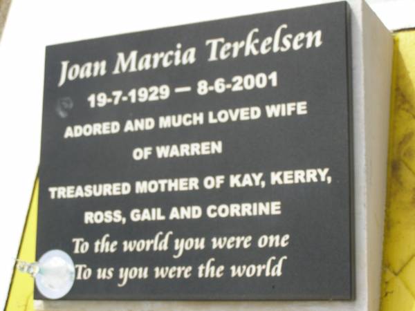 Agnes TERKELSEN,  | mother,  | died 8 Nov 1989 aged 95 years;  | Neil TERKELSEN,  | father,  | died 27 Feb 1969 aged 77 years;  | Joan Marcia TERKELSEN,  | 19-7-1929 - 8-6-2001,  | wife of Warren,  | mother of Kay, Kerry, Ross, Gail & Corrine;  | Warren Neville TERKELSEN,  | 22-9-1924 - 6-4-2003m  | husband of Joan,  | father of Kay, Kerry, Ross, Gail & Corrine;  | Appletree Creek cemetery, Isis Shire  | 