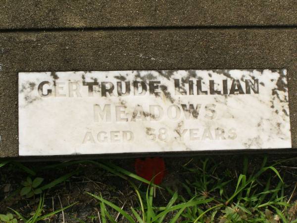 Gertrude Lillian MEADOWS,  | aged 58 years;  | Appletree Creek cemetery, Isis Shire  | 