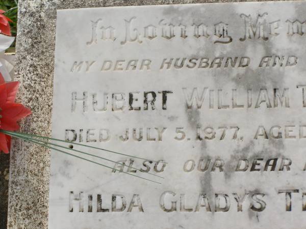 Hubert William THOMPSON,  | husband father,  | died 5 July 1977 aged 78 years;  | Hilda Gladys THOMPSON,  | mother,  | died 19 June 1986 aged 84 years;  | Appletree Creek cemetery, Isis Shire  | 