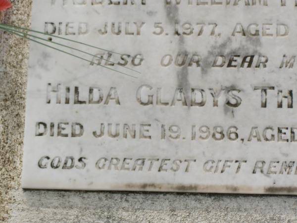 Hubert William THOMPSON,  | husband father,  | died 5 July 1977 aged 78 years;  | Hilda Gladys THOMPSON,  | mother,  | died 19 June 1986 aged 84 years;  | Appletree Creek cemetery, Isis Shire  | 