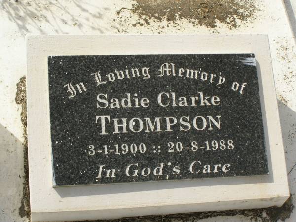 Margaret BLACK,  | wife mother,  | died 12 May 1947 aged 86 years;  | Robert BLACK,  | died 29 Nov 1953 aged 94 years;  | John BLACK,  | died 16 Nov 1965 aged 79 years;  | Sadie Clarke THOMPSON,  | 3-1-1900 - 29-8-1988;  | Appletree Creek cemetery, Isis Shire  | 