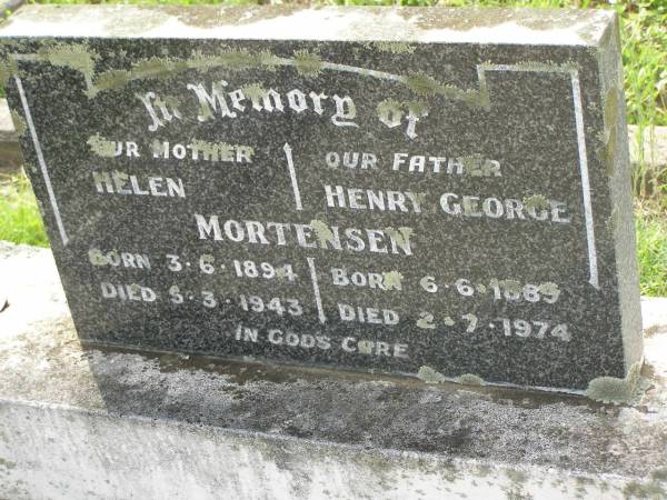 Helen MORTENSEN,  | mother,  | born 3-6-1894,  | died 5-3-1943;  | Henry George MORTENSEN,  | father,  | born 6-6-1889,  | died 2-7-1974;  | Appletree Creek cemetery, Isis Shire  | 