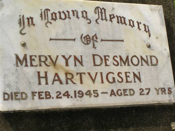 Mervyn Desmond HARTVIGSEN,  | died 24 Feb 1945 aged 27 years;  | Appletree Creek cemetery, Isis Shire  | 