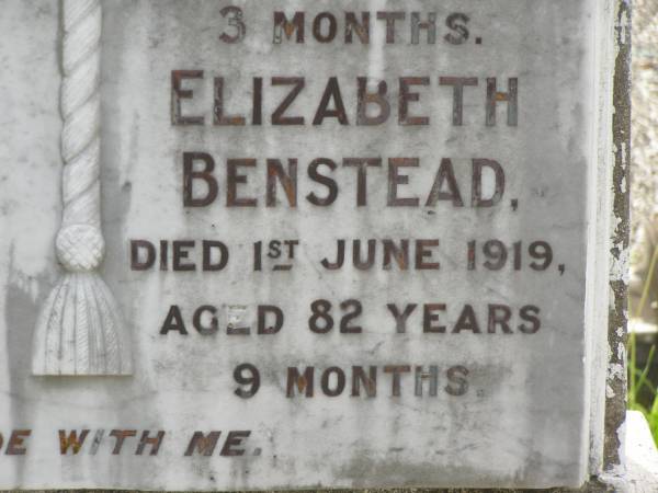 Isabella COLE,  | died 28 March 1948 aged 81 years 6 months;  | George COLE,  | accidentally killed 2 March 1910  | aged 52 years 3 months;  | Elizabeth BENSTEAD,  | died 1 June 1919 aged 82 years 9 months;  | Appletree Creek cemetery, Isis Shire  |   | 