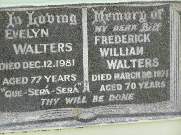 Evelyn WALTERS,  | died 12 Dec 1981 aged 77 years;  | Frederick WIlliam (Bill) WALTERS,  | died 30 March 1971 aged 70 years;  | Appletree Creek cemetery, Isis Shire  | 