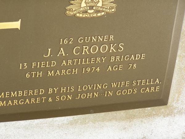 J.A. CROOKS,  | died 6 March 1974 aged 78 years,  | wife Stella,  | daughter Margaret,  | son John;  | Stella Vivian CROOKS,  | born 24-8-1894,  | died 17-8-1999 aged 94 years 11 months,  | wife of Jack;  | Appletree Creek cemetery, Isis Shire  | 