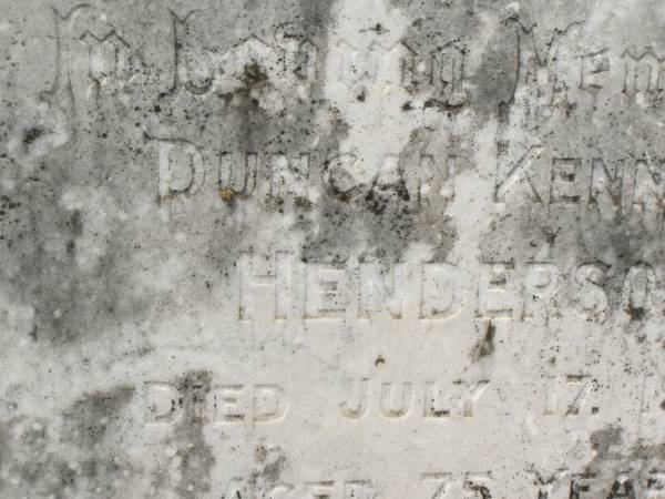 Duncan Kenneth HENDERSON,  | died 17 July 1974 aged 75 years;  | Appletree Creek cemetery, Isis Shire  | 