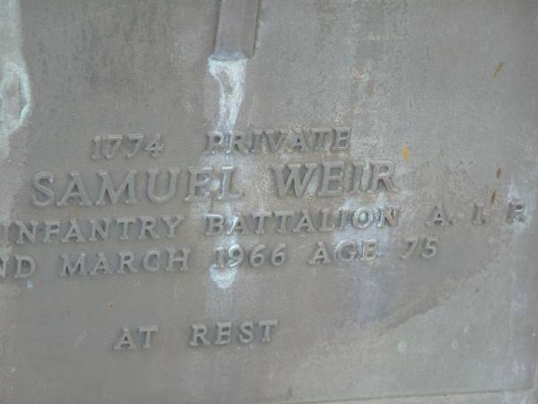 Samuel WEIR,  | died 2 March 1966 aged 75 years;  | Appletree Creek cemetery, Isis Shire  | 