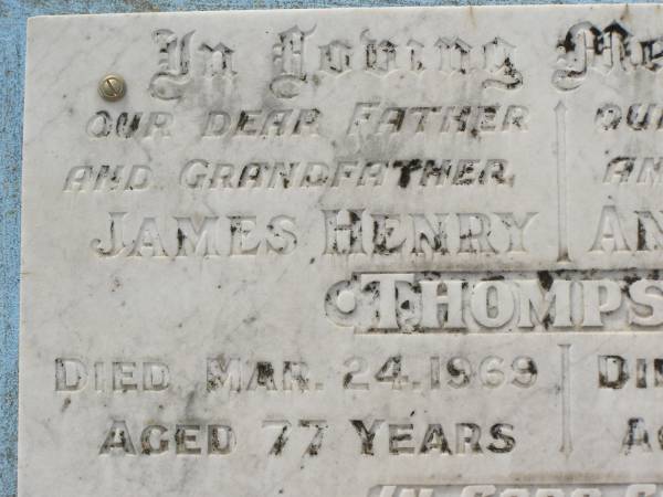 James Henry THOMPSON,  | father grandfather,  | died 24 Mar 1969 aged 77 years;  | Anne Elizabeth THOMPSON,  | mother grandmother,  | died 17 Dec 1966 aged 66 years;  | Dulcie May BROSE (nee THOMPSON),  | 15-12-1926 - 19-9-1984 aged 57 years;  | Jimmy WOODMAN,  | 2-5-1925 - 22-5-1998 aged 73 years;  | Appletree Creek cemetery, Isis Shire  | 