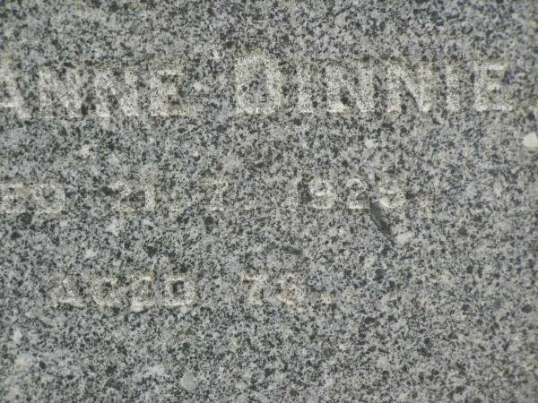 Robert DINNIE,  | died 11-4-1917 aged 73 years;  | Anne DINNIE,  | died 21-7-1929 aged 79? years;  | Appletree Creek cemetery, Isis Shire  | 