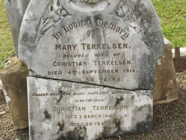 Mary TERKELSEN,  | wife of Christian TERKELSEN,  | died 4 Sept 1912 aged 54 years;  | Christian TERKELSEN,  | died 2 March 1940 aged 89 years;  | Appletree Creek cemetery, Isis Shire  | 